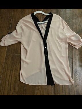 Charlotte Russe Blush Pink V-Neck Blouse with Black Trim